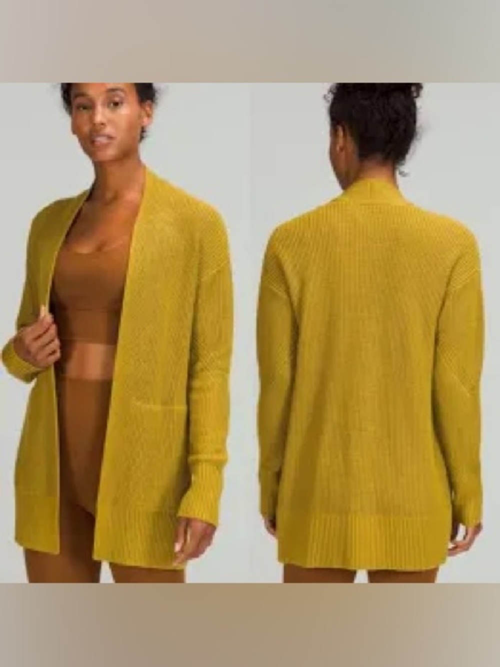 Lululemon Cashlu Sweater M/L Cardigan Auric Gold Green Open Front Knit Pockets